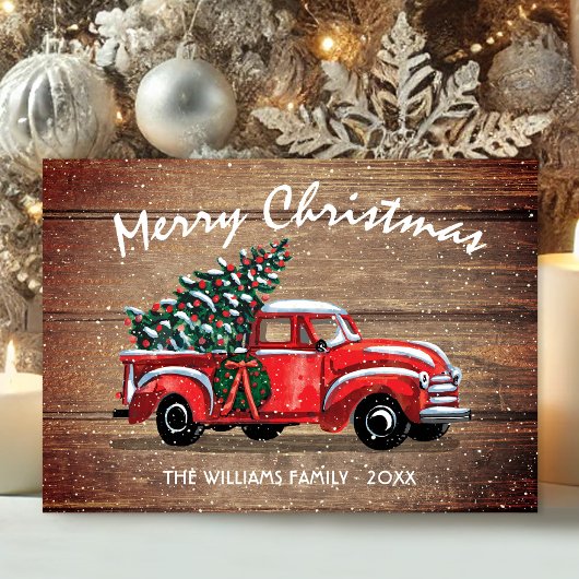  Red Truck Merry Kerstmis Rustic Wood Feestdagenkaart