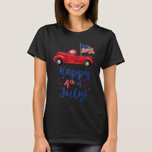 Red Truck met Amerikaanse vlag op 4 juli T-shirt (Voorkant)