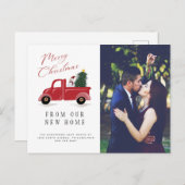 Red Truck met kerstboom en Snowman Moving Aankondigingskaart (Voorkant / Achterkant)
