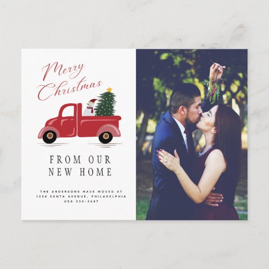 Red Truck met kerstboom en Snowman Moving Aankondigingskaart (Voorkant)