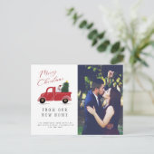 Red Truck met kerstboom en Snowman Moving Aankondigingskaart (Staand voorkant)