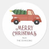 Red Truck met kerstboom Moderne Kerstmis Ronde Sticker (Voorkant)