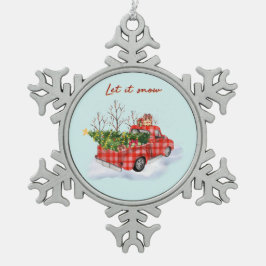 Red Truck met kerstboom Tin Sneeuwvlok Ornament