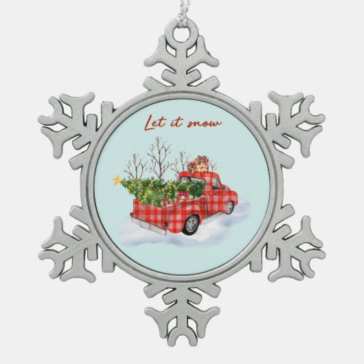 Red Truck met kerstboom Tin Sneeuwvlok Ornament (Voorkant)