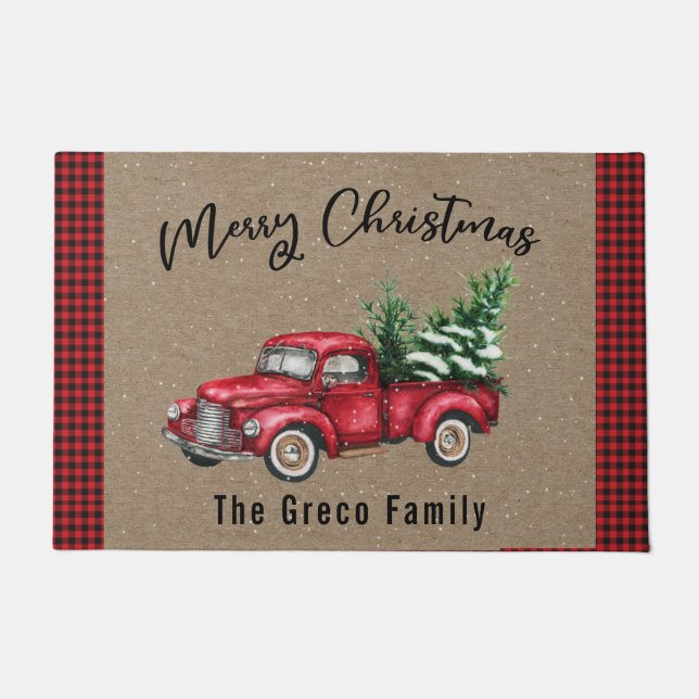 Red  Truck met kerstboom Welkom Mat (Voorkant)