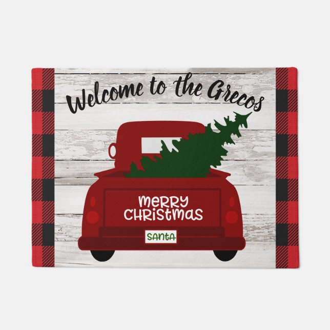 Red  Truck met kerstboom Welkom Mat (Voorkant)