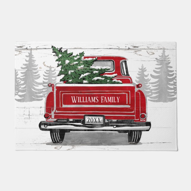  Red Truck met kerstboomnaam Deurmat (Voorkant)