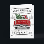 Red Truck met kerstboomnaam Feestdagen Kaart<br><div class="desc">Deze gepersonaliseerde feestelijke kaart is voorzien van een rode truck met een kerstboom. Er staat: "Vrolijk Kerstfeest en gelukkig Nieuwjaar!" Pas uw familienaam en jaar aan in een modern wit lettertype. De binnenkant van de kaart heeft een groet die u kunt verlaten zoals is of aanpassen. Ontworpen door wereldberoemde kunstenaar...</div>