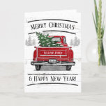 Red Truck met kerstboomnaam Feestdagen Kaart<br><div class="desc">Deze gepersonaliseerde feestelijke kaart is voorzien van een rode truck met een kerstboom. Er staat: "Vrolijk Kerstfeest en gelukkig Nieuwjaar!" Pas uw familienaam en jaar aan in een modern wit lettertype. De binnenkant van de kaart heeft een groet die u kunt verlaten zoals is of aanpassen. Ontworpen door wereldberoemde kunstenaar...</div>