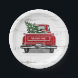 Red Truck met kerstboomnaam Papieren Bordje<br><div class="desc">Deze gepersonaliseerde papieren borden zullen je feestdagen een beetje bijster maken. Dit ontwerp is voorzien van een  rode vrachtwagen met kerstboom op een witte weersachtergrond met pijnbomen. De achterkant van de vrachtwagen heeft je familienaam en het jaar om je aan te passen. Ontworpen door een wereldberoemde kunstenaar ©Tim Coffey.</div>