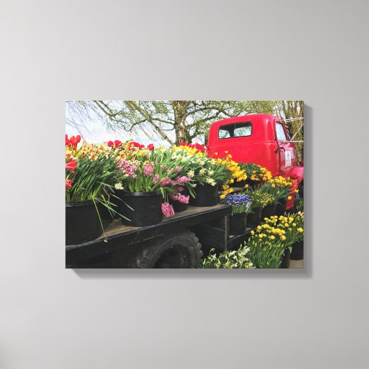 Red Truck met Spring Flowers & Rainbow Canvas Afdruk (Voorkant)