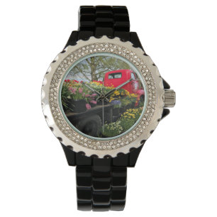 Red Truck met Spring Flowers & Rainbow Horloge