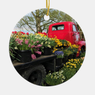 Red Truck met Spring Flowers & Rainbow Keramisch Ornament