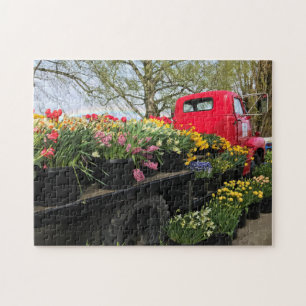 Red Truck met Spring Flowers & Rainbow Legpuzzel