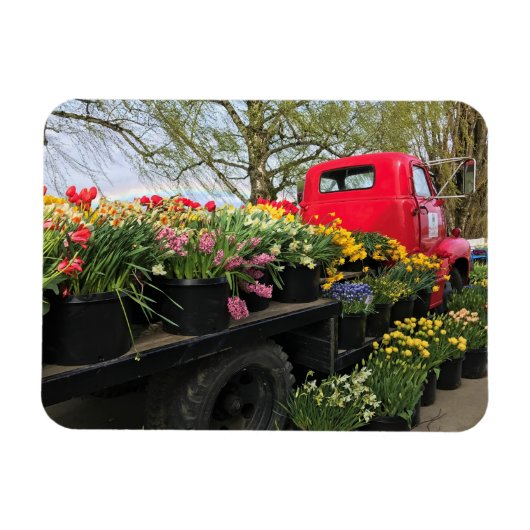Red Truck met Spring Flowers & Rainbow Magneet (Horizontaal)