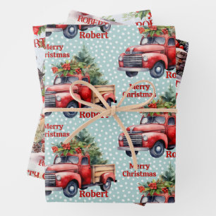 Red Truck Naam toevoegen Merry Christmas 3 Inpakpapier Vel