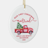Red Truck Our First Kersttrouwfoto Keramisch Ornament (Rechts)