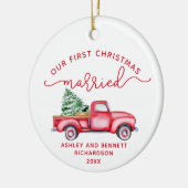 Red Truck Our First Kersttrouwfoto Keramisch Ornament (Links)