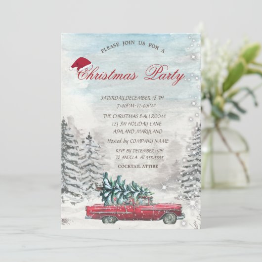 Red Truck Pine Tree Forest-kerstuitnodiging Kaart (Staand voorkant)