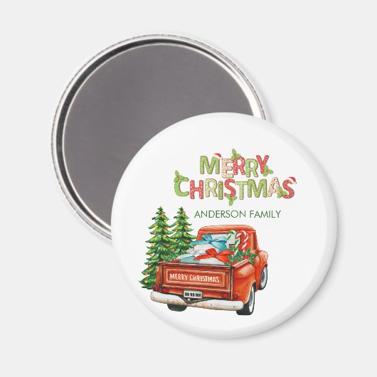 Red Truck Pine Tree kerst Magneet (Voorkant / Achterkant)