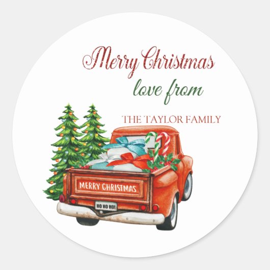 Red Truck Pine Tree kerst Ronde Sticker (Voorkant)