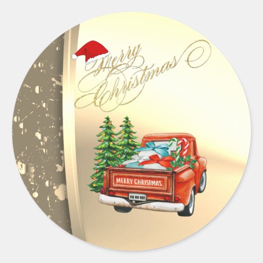 Red Truck Pine Tree-kerstfeestjes Gold Ronde Sticker (Voorkant)