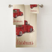 Red Truck Pine Tree Kerstmis, Snowflakes, Gold Bad Handdoek (Insitu)