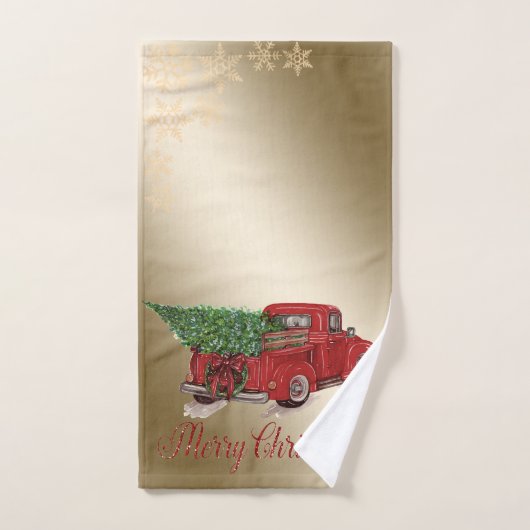 Red Truck Pine Tree Kerstmis, Snowflakes, Gold Bad Handdoek (Handdoek)