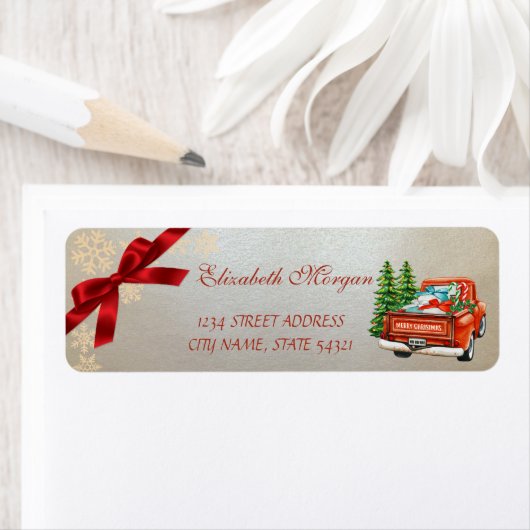 Red Truck Pine Tree-kerstsnowflakes, Bow Etiket (Insitu)