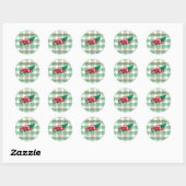 Red Truck Pine Tree Merry kerst Green Gingham Ronde Sticker (Vel)
