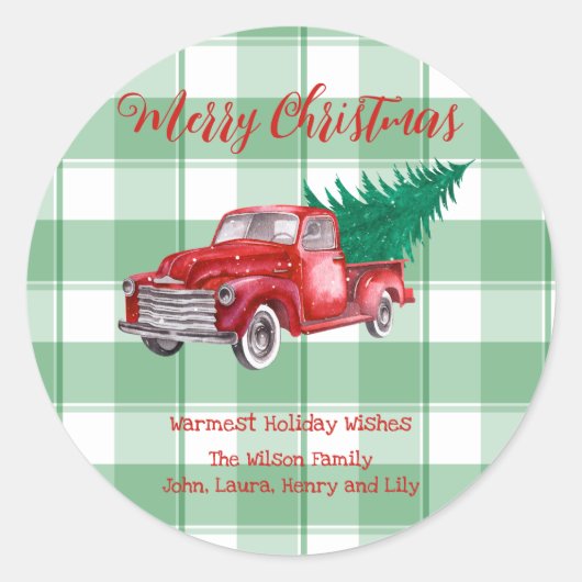 Red Truck Pine Tree Merry kerst Green Gingham Ronde Sticker (Voorkant)