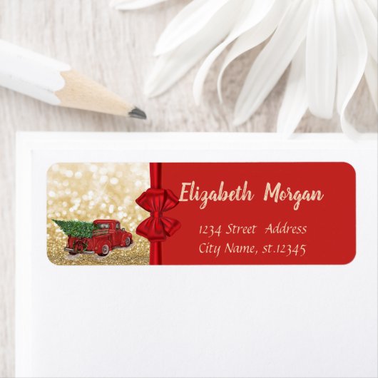 Red Truck Pine Tree, Red Bow, Gold Glittery Bokeh Etiket (Insitu)