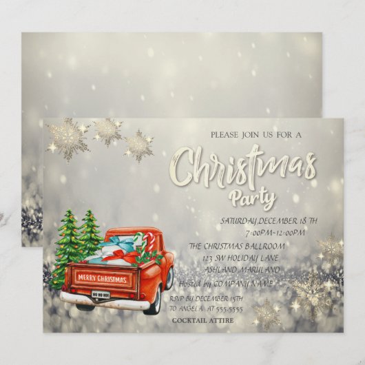 Red Truck Pine Trees Bokeh Snowflakes kerst Kaart (Voorkant / Achterkant)