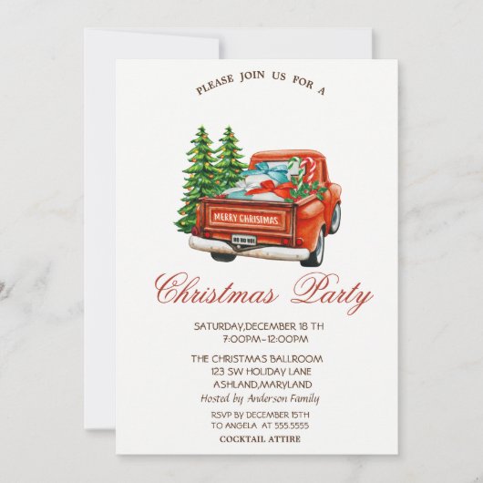Red Truck Pine Trees kerstparty Kaart (Voorkant)