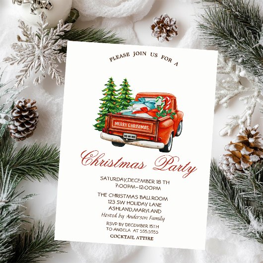 Red Truck Pine Trees kerstparty Kaart