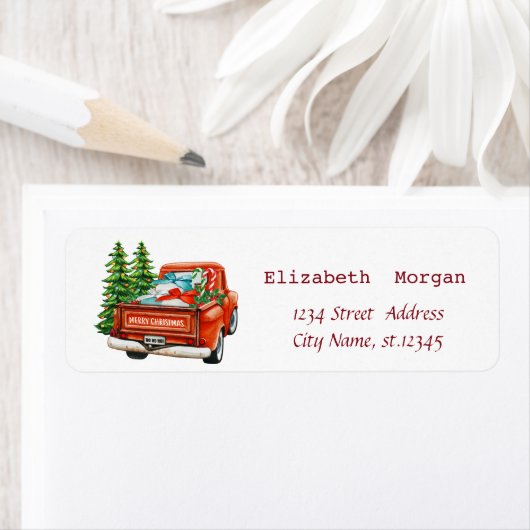 Red Truck Pine Trees Merry Kerstmis Etiket (Insitu)