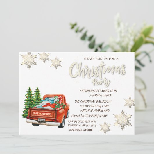 Red Truck Pine Trees Snowflakes Hood Kerstmis Kaart (Staand voorkant)