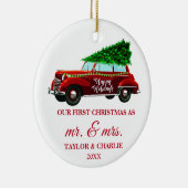 Red Truck Red Brush Script First Kerstmis Keramisch Ornament (Rechts)