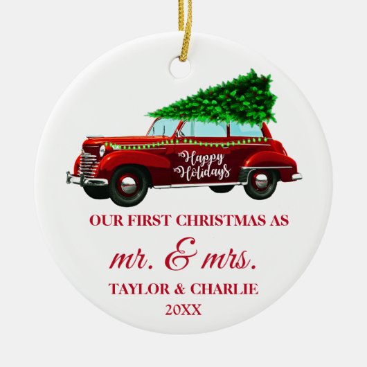 Red Truck Red Brush Script First Kerstmis Keramisch Ornament (Voorkant)