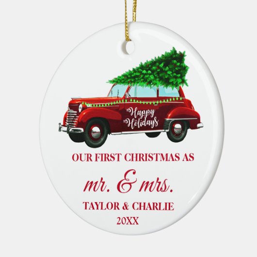 Red Truck Red Brush Script First Kerstmis Keramisch Ornament (Links)