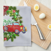 Red Truck rijdt door een kerstmis Theedoek (Quarter Fold)