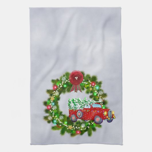 Red Truck rijdt door een kerstmis Theedoek (Verticaal)
