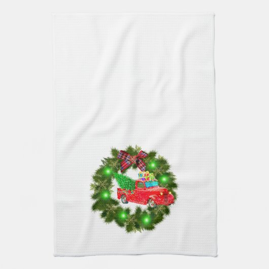 Red Truck rijdt door een kerstmis Theedoek (Verticaal)