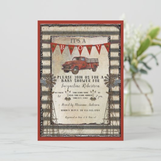  Red Truck Rustic Farmhouse Boy Baby shower Kaart (Staand voorkant)