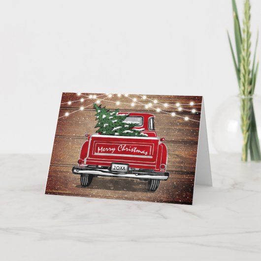 Red Truck Rustic String Lights kerst Feestdagen Kaart (Voorkant)