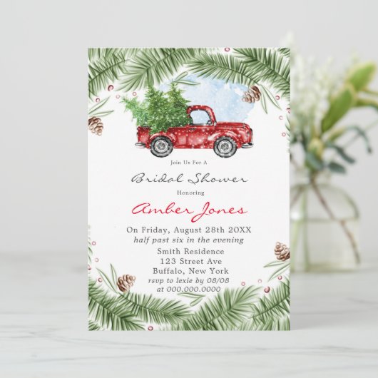  Red Truck Snow Bridal Shower Kaart (Staand voorkant)