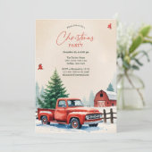 Red Truck Snowy Barn Rustic Christmas Party Kaart (Staand voorkant)