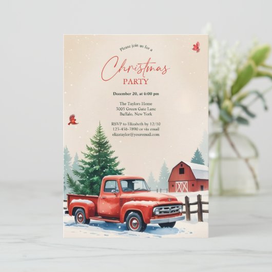 Red Truck Snowy Barn Rustic Christmas Party Kaart (Staand voorkant)