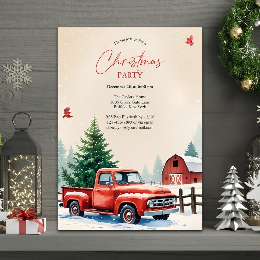 Red Truck Snowy Barn Rustic Christmas Party Kaart