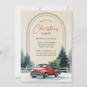 Red Truck Snowy Pine Trees Rustic Christmas Party Kaart (Voorkant)